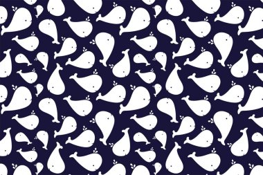 Kusursuz desen. Su altı dünyası. Mavi arka planda beyaz balinalar. - Evet. vektör illüstrasyonu