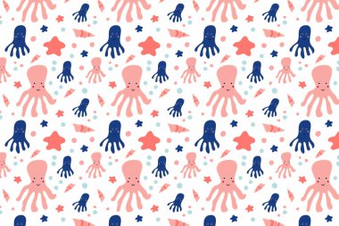 Kusursuz desen. Su altı dünyası. Beyaz arka planda sevimli ahtapot. vektör illüstrasyonu