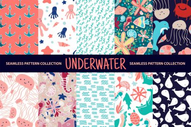 10 tane pürüzsüz desen. Su altı dünyası. Deniz hayvanları. vektör illüstrasyonu