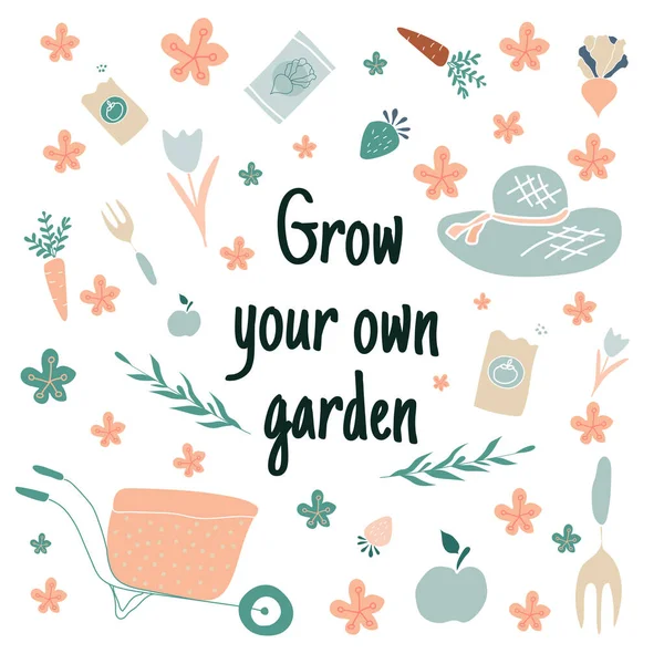 Zestaw ręcznie rysowanych elementów ogrodowych z cytatem: Upraw swój własny ogród. - wektor — Wektor stockowy
