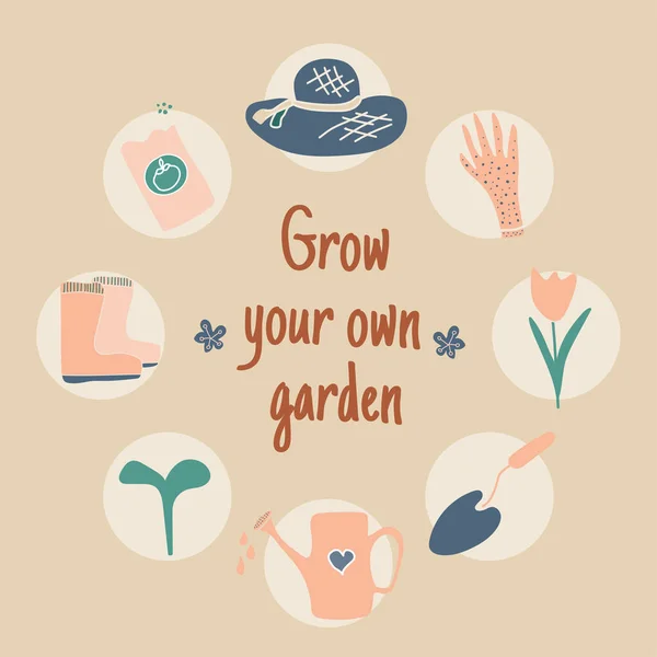 Zestaw ręcznie rysowanych elementów ogrodowych z cytatem: Upraw swój własny ogród. - wektor — Wektor stockowy