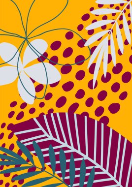 Tropikal çiçekler ve yapraklarla soyut çiçek deseni. Yaratıcı evrensel sanat geçmişi. Şirin ve modern. Vektör illüstrasyonu