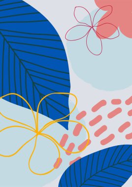 Tropikal çiçekler ve yapraklarla soyut çiçek deseni. Yaratıcı evrensel sanat geçmişi. Şirin ve modern. Vektör illüstrasyonu