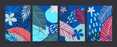 Tropikal çiçekler ve yapraklarla soyut çiçek desenleri. Yaratıcı evrensel sanat geçmişi. Düğün, yıldönümü, parti davetiyeleri, kapaklar, dekorasyon malzemeleri. Vektör illüstrasyonu