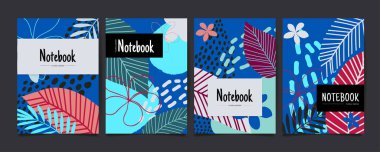 Tropikal çiçekler ve yapraklarla soyut çiçek örtüleri. Yaratıcı evrensel sanat geçmişi. Not defteri. Vektör illüstrasyonu