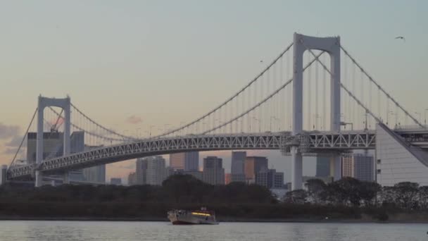 Tokyo Japón Arco Iris Puente Daiba Odaiba Paisaje Urbano Atardecer — Vídeos de Stock