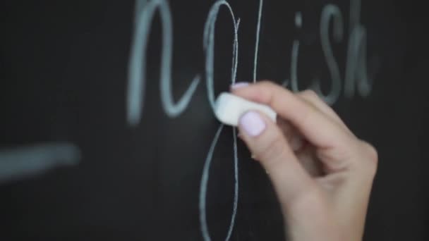 老师正在黑板上用粉笔写字母表 用小学概念进行粉笔教育 — 图库视频影像