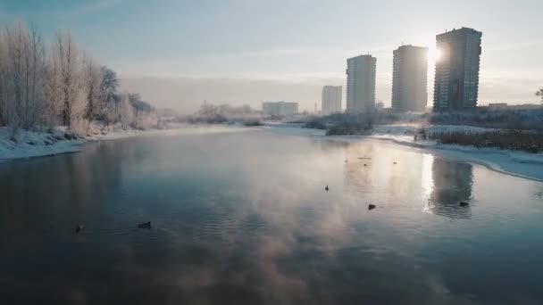 Flying River Winter City — Stock Video