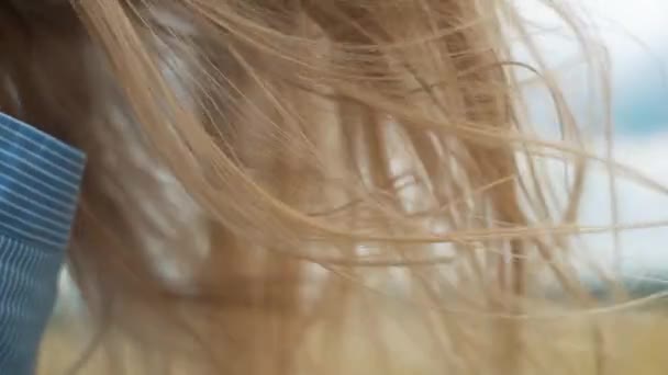 一个穿着蓝色衣服的年轻姑娘站在田野里 风吹着她的头发 — 图库视频影像