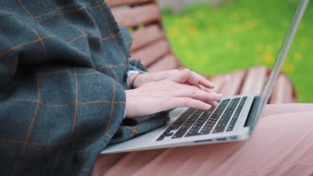 Junges Mädchen Auf Einer Bank Mit Laptop Schüler Bereitet Sich — Stockvideo