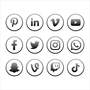 Set of most popular social media icons: Pinterest, LinkedIn, Vimeo, Twitter, YouTube, WhatsApp, Snapchat, Facebook, Instagram, Vine, Twitch, Tik Tok.