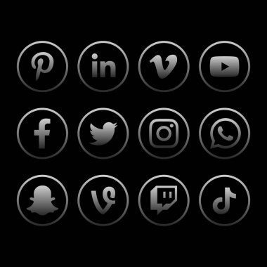 Collection of popular social media icons in silver on a black background: Pinterest, LinkedIn, Vimeo, Twitter, YouTube, WhatsApp, Snapchat, Facebook, Instagram, Vine, Twitch, TikTok.