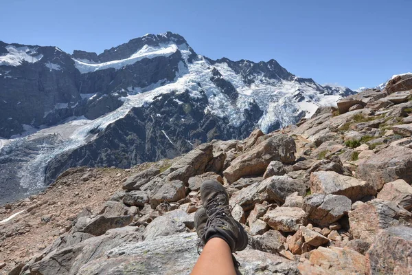 Rest in the mountains overlooking the glacier, Mount Cook National Park, New Zealand