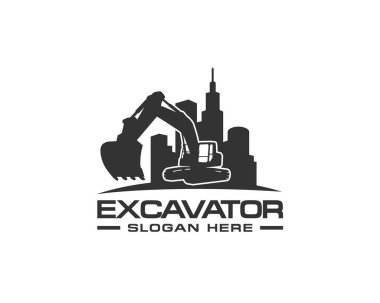 Kazı logosu şablonu vektörü. İnşaat şirketi için ağır ekipman logosu vektörü. Logo şablonu için yaratıcı kazıcı çizimi.
