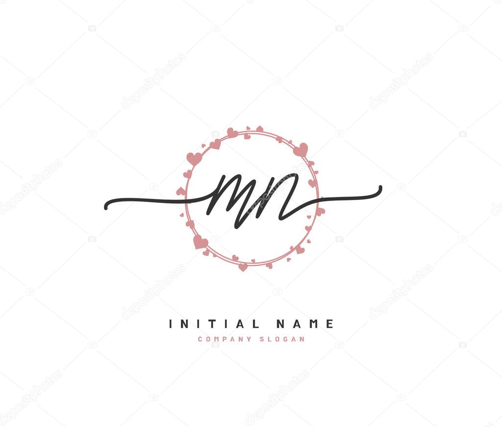 M N MN Beauty vector initial logo, handwriting logo of initial signature, wedding, fashion, jewerly, boutique, floral and botanical with creative template for any company or business.