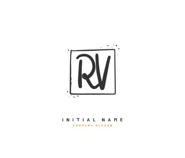 R V karavan ilk logosu, imzalı el yazısı logosu, düğün, moda, mücevher, butik, çiçek ve botanik, herhangi bir şirket veya işletme için yaratıcı şablona sahip..
