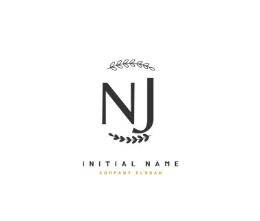 N J NJ ilk logosu, ilk imzadan oluşan el yazısı logosu, düğün, moda, mücevher, butik, çiçek ve botanik, herhangi bir şirket veya işletme için yaratıcı şablona sahip..