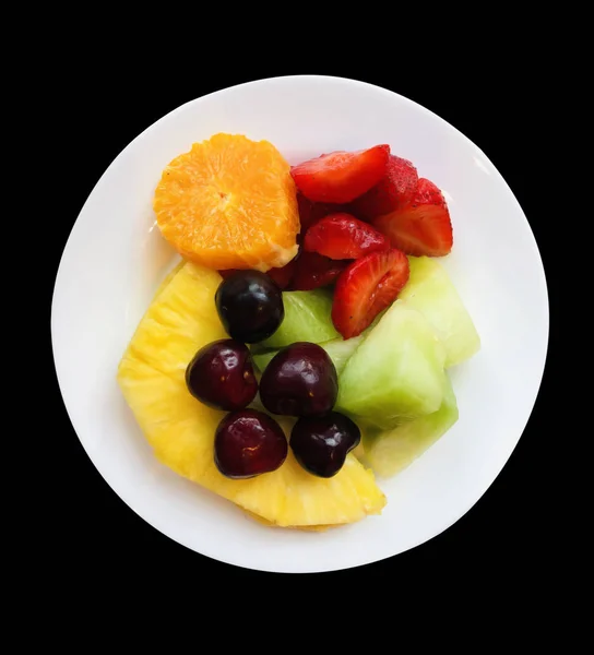 Plate Healthy Fruit Pineapple Water Melon Strawberries Orange Cherries — Stock Photo, Image