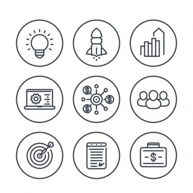 başlangıç satırı simgeleri beyaz, ürün lansmanı, finansman, ilk sermaye, sözleşme, büyüme, hedef pazar çevrelerinde