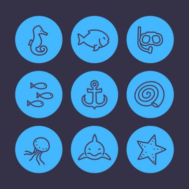 Deniz hattı Icons set, köpek balığı, balık, deniz hayvanı kabuğu, medusa, deniz yıldızı, çapa, maske dalış