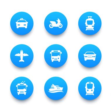 Yolcu taşıma simgeler kümesi, otobüs, metro, tramvay, tren, taksi, Araba, uçak, taksi, gemi, toplu taşıma işaretleri