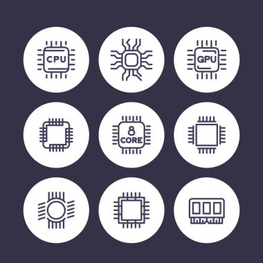 Yonga seti, işlemci satır Icons set, mikroçip, gpu, beyaz, vektör çizim üzerinde 8 çekirdekli işlemci sembollerin