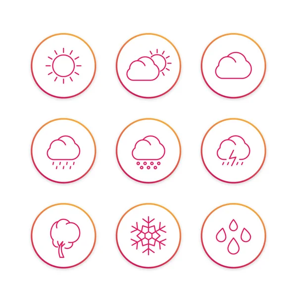 Weather line icons set, forecast elements, sunny, cloudy day, rain, snowflake, hail, snow — Stock Vector