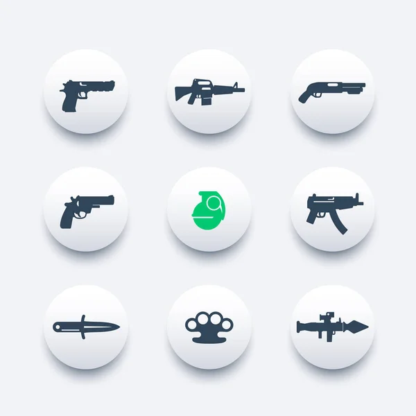 Набор значков оружия, пистолет, винтовка, револьвер, дробовик, граната, пистолет-пулемет, нож, гранатомет, пиктограммы огнестрельного оружия — стоковый вектор
