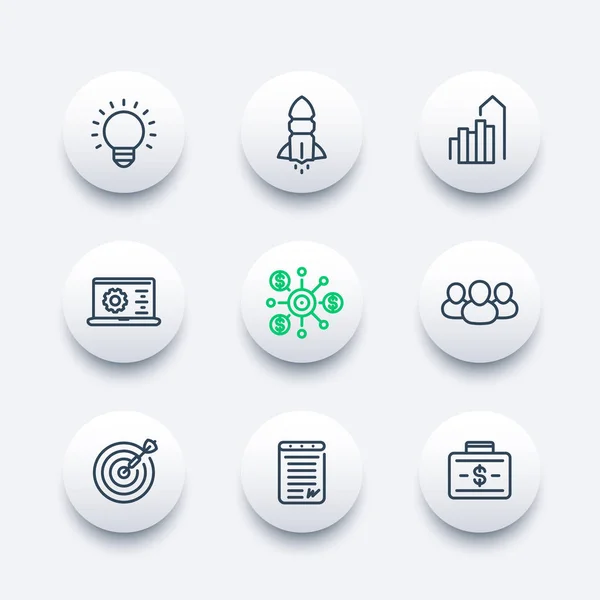 Startup Line Icons setzen, Produkteinführung, Entwicklung, Finanzierung, Anfangskapital, Vertrag, Zielmarkt, Kunden — Stockvektor