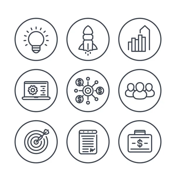 Icônes de ligne de démarrage en cercles sur blanc, lancement de produits, financement, capital initial, contrat, croissance, marché cible — Image vectorielle