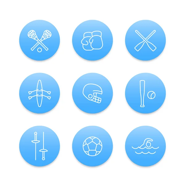 Deportes y juegos iconos de línea en formas redondas azules — Vector de stock