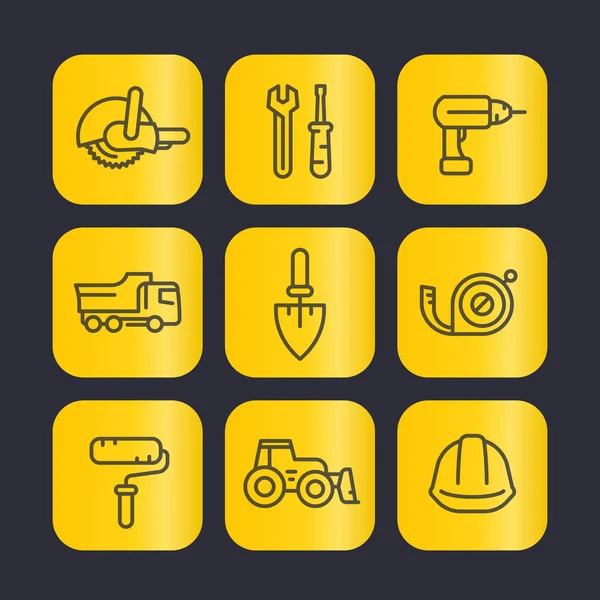 Construction tools line icons set, trowel, wrench, drill, saw, paint roller, tape measure, hammer, vector illustration — Stock Vector