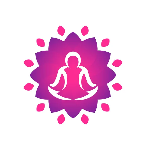 Yoga logo sjabloon, man mediteren over lotusbloem op wit — Stockvector