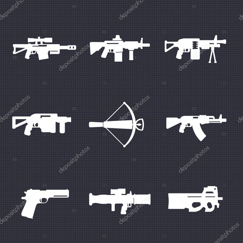 Weapons, firearms icons set, automatic guns, sniper and assault rifles, crossbow, pistol, grenade, rocket launchers, vector illustration