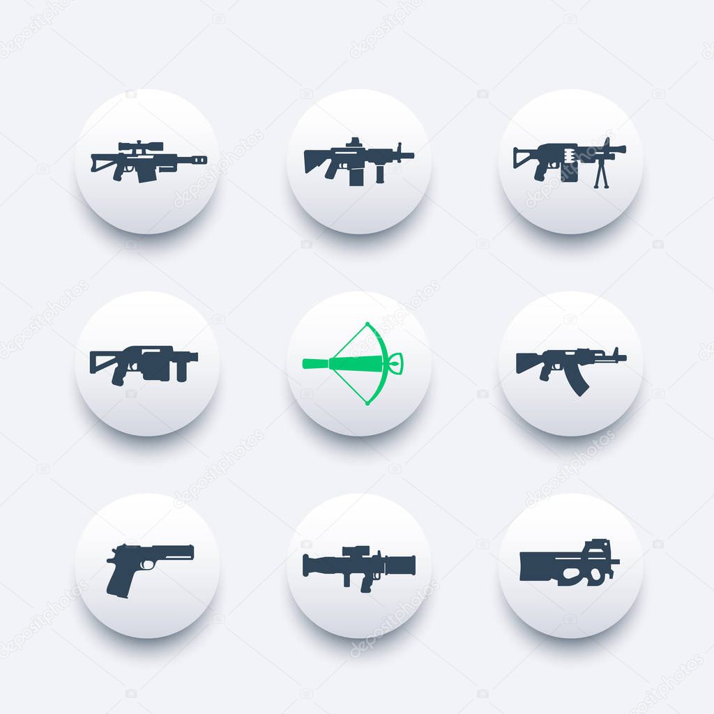 Weapons, firearms icons set, sniper and assault rifles, machine gun, pistol, rocket launcher, crossbow, handguns, vector illustration