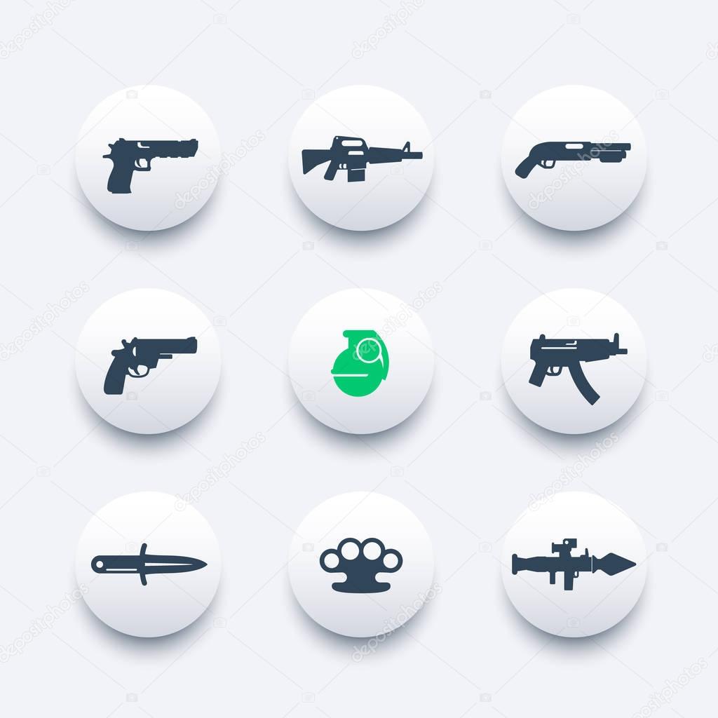 Weapons icons set, pistol, rifle, revolver, shotgun, grenade, submachine gun, knife, rocket launcher, firearms pictograms