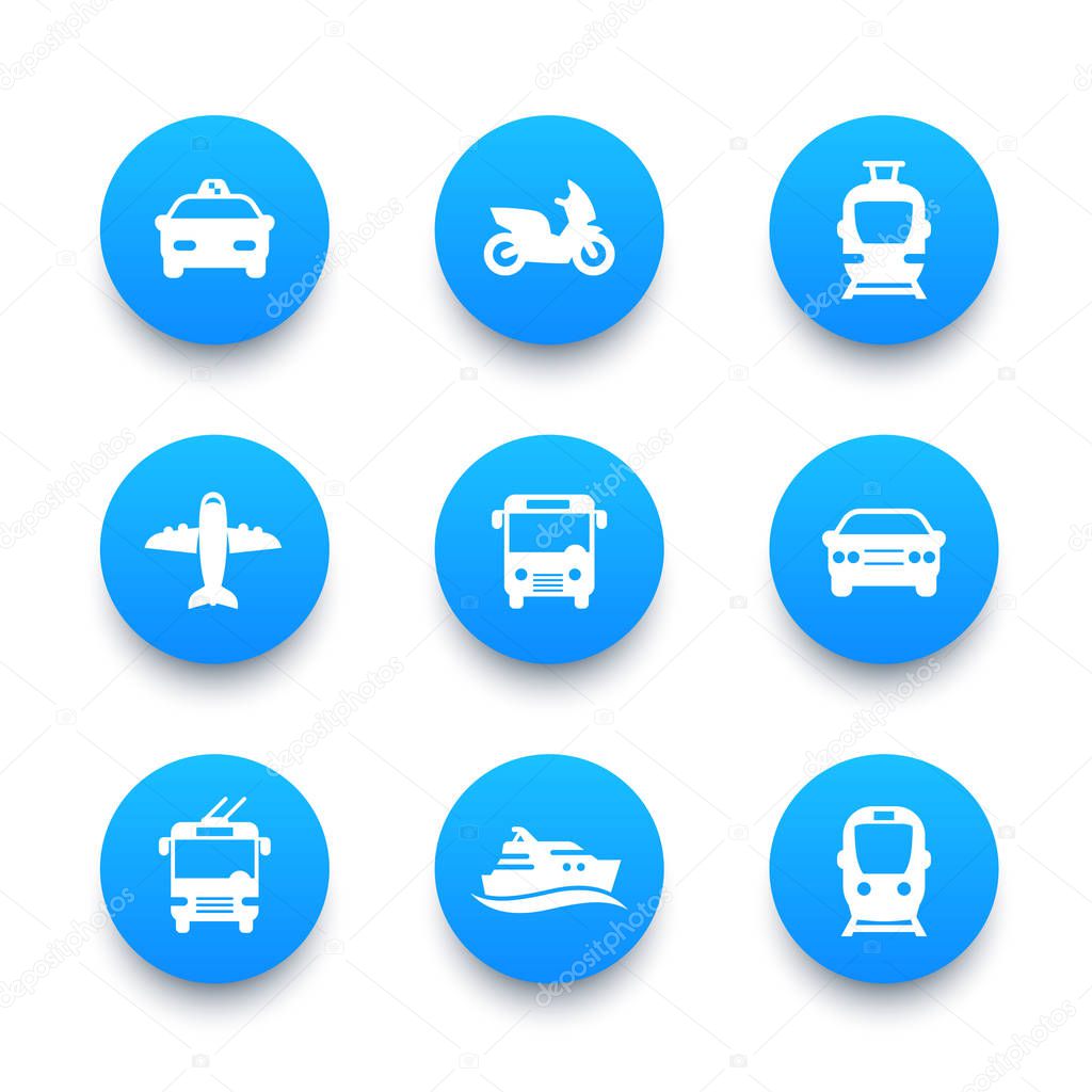 Passenger transport icons set, bus, subway, tram, train, taxi, car, airplane, cab, ship, public transportation signs