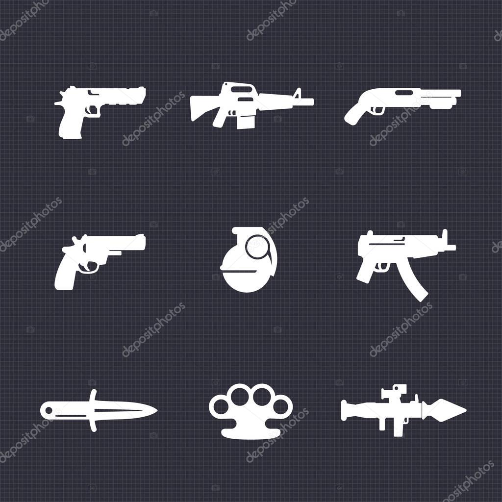 Weapons icons set, pistol, assault rifle, revolver, shotgun, grenade, submachine gun, knife, rocket launcher