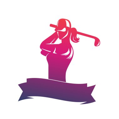 Golf logo, amblem şablon kız sallanan kulübü ile