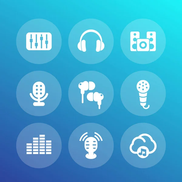 Conjunto de ícones de áudio, console de mistura de som, fones de ouvido — Vetor de Stock