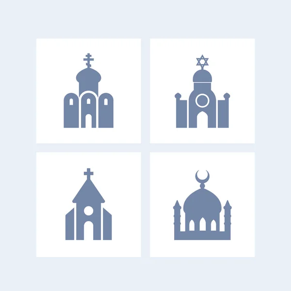Vallási épületek ikonok elszigetelt, felett fehér — Stock Vector