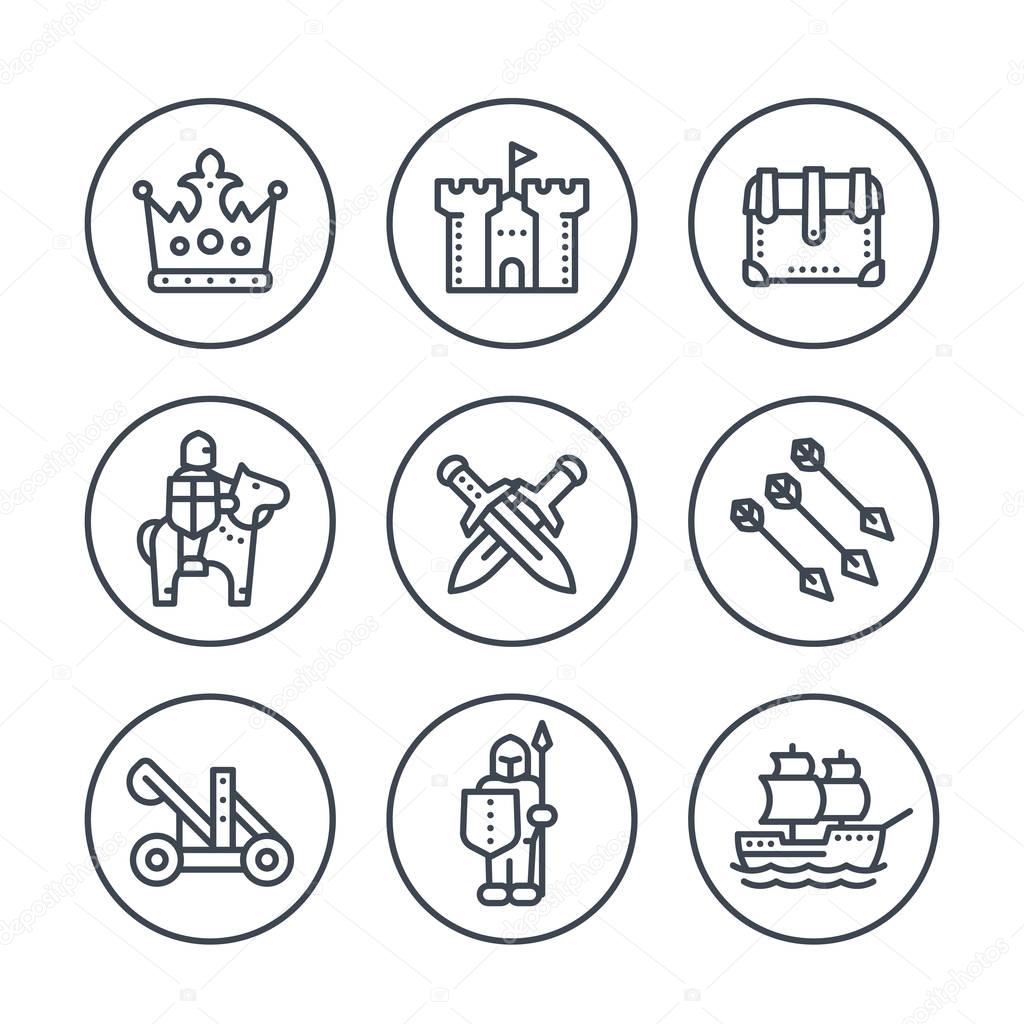Medieval war line icons in circles isolated on white, vector illustration