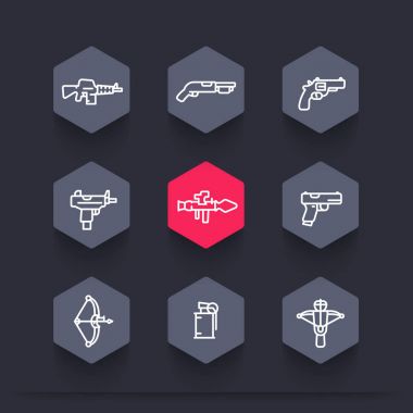 Lineer tarzda silah Icons set