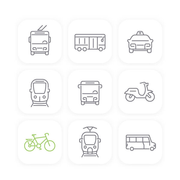City transport, bus, taxi line icons set