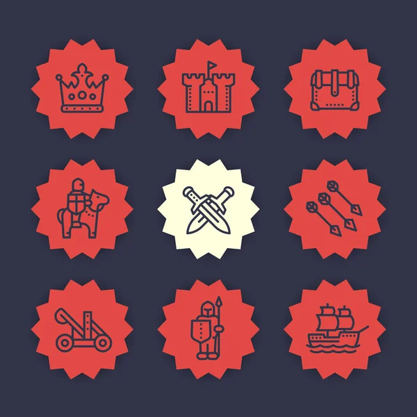 Medieval war line icons set — Stock Vector