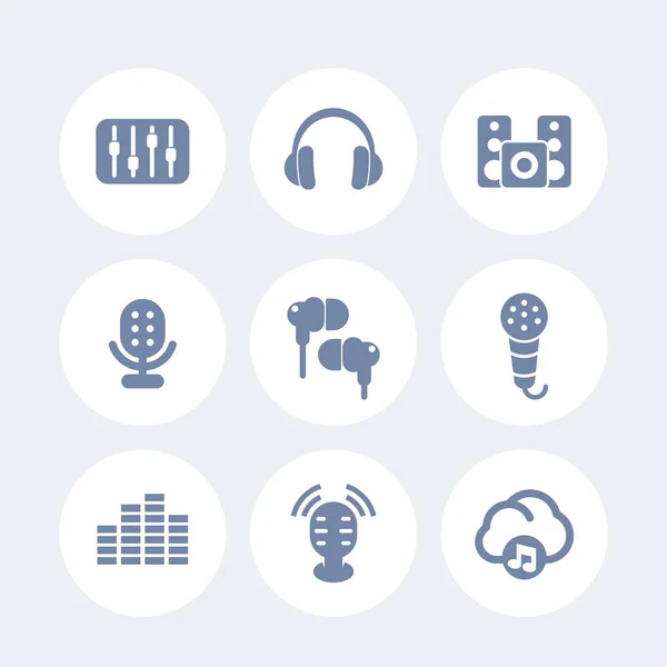 Conjunto de ícones de áudio, fones de ouvido, microfones, alto-falantes — Vetor de Stock