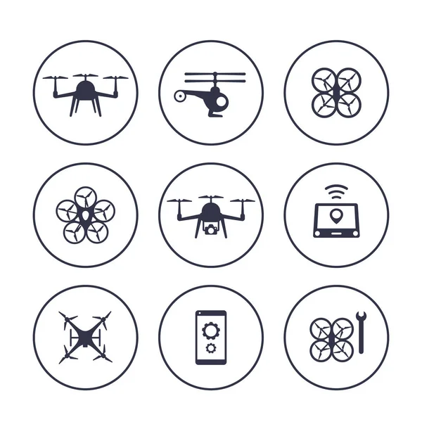 Drones, helicópteros, quadrocopters iconos sobre blanco — Vector de stock