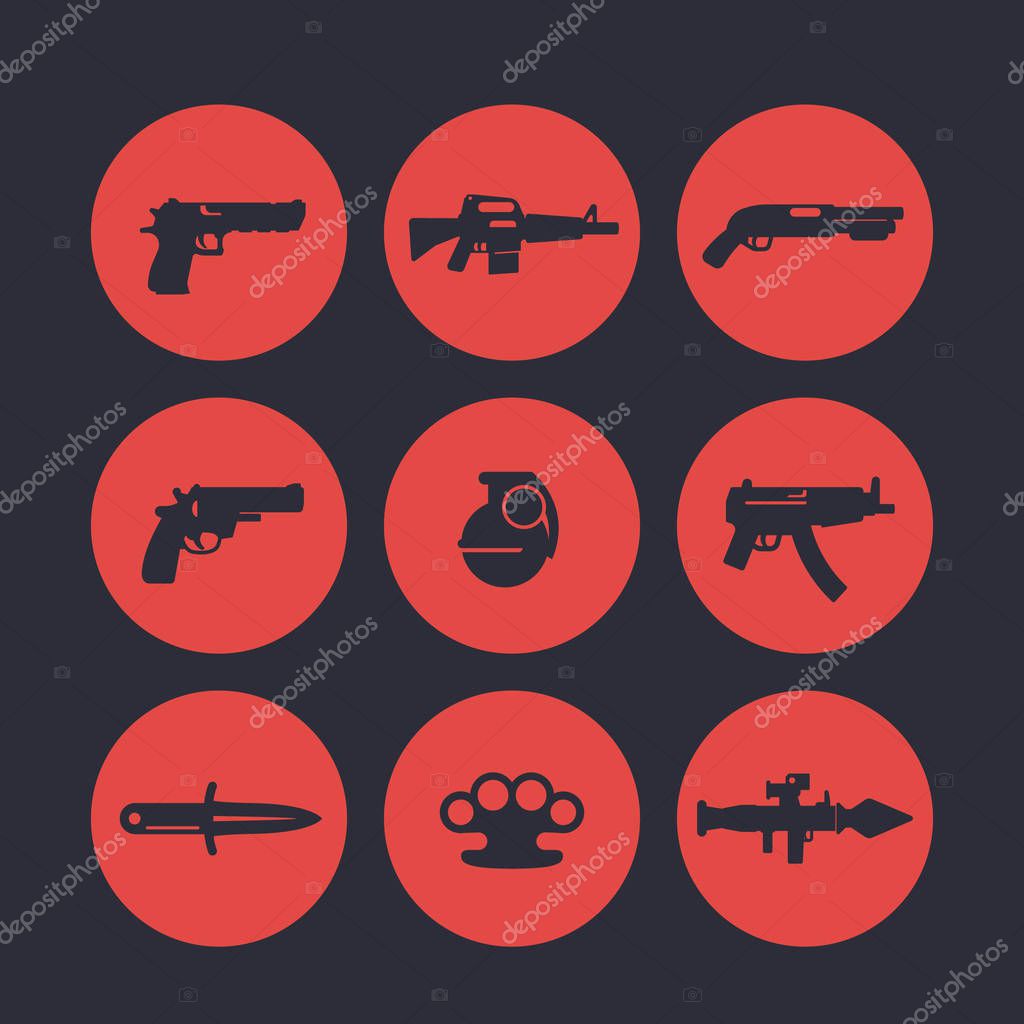 Weapons icons set, pistol, assault rifle, revolver, shotgun, grenade, submachine gun, rocket launcher