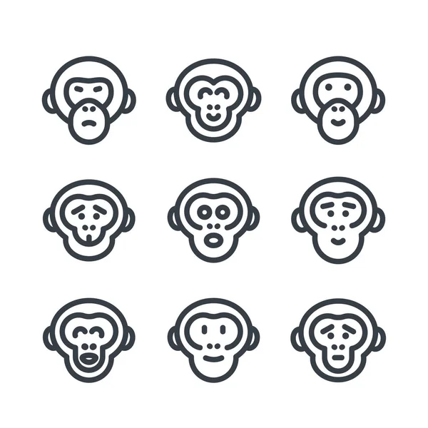 Scimmie, scimmie, scimmie icone lineari su bianco — Vettoriale Stock
