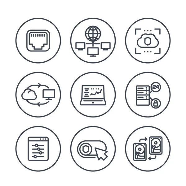Serveurs, réseaux, solutions cloud icônes de ligne — Image vectorielle